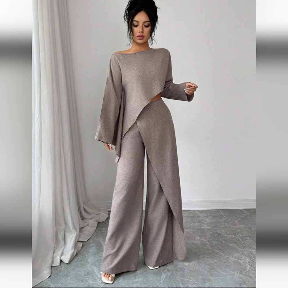 SHEIN Brown Wide-Leg High-Waist Pants with Matching Batwing Top
